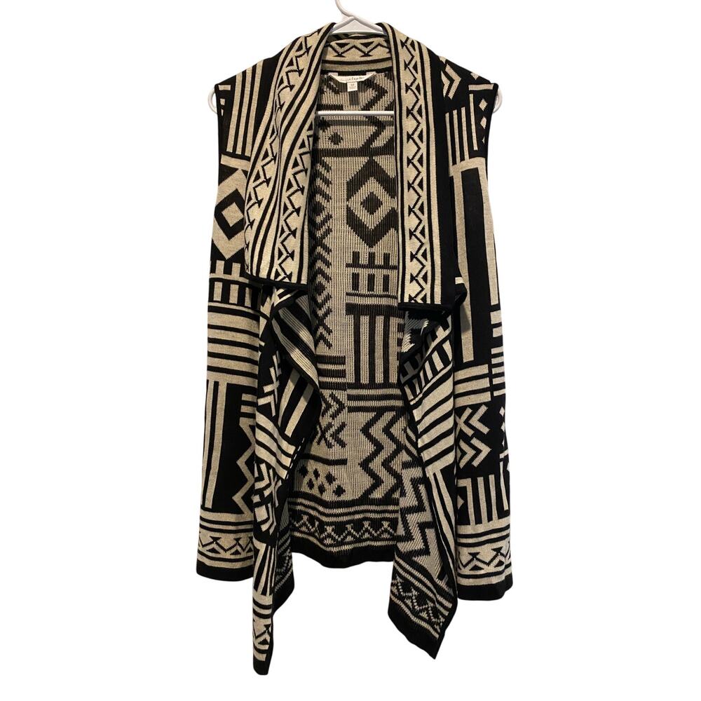 Charming Charlie Open Front Cardigan Vest Medium Black Cream Boho Aztec Tribal
